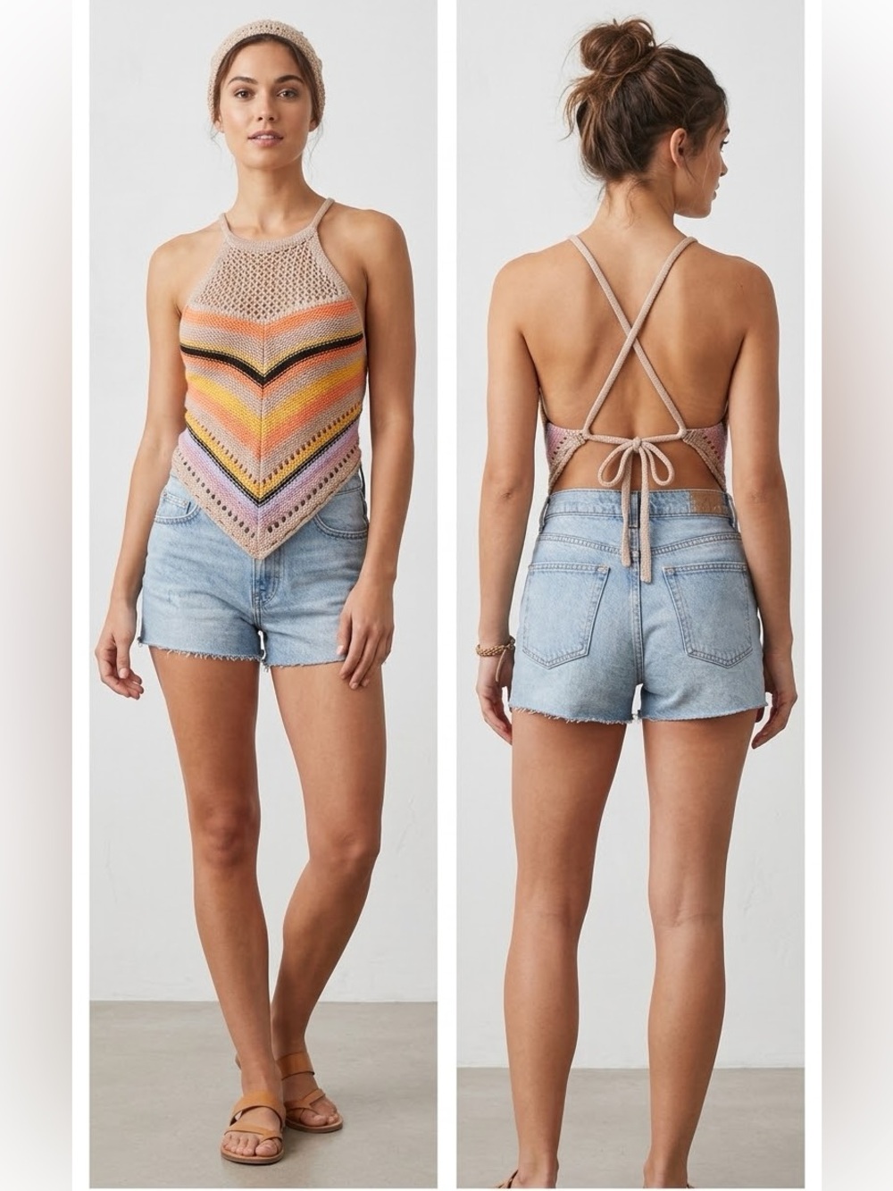 Lore Knits Chevron Knit Halter Crop Top | Open Back Tie-Back Bandana Tank size L